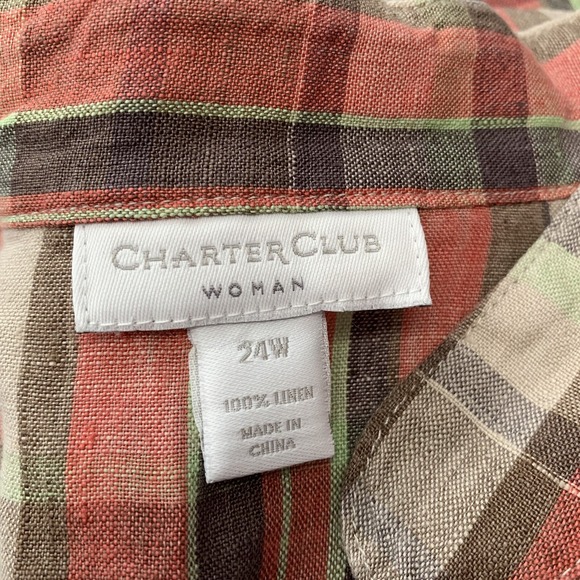 Charter Club Blouse Woman 24W Linen Button Front Plaid Tunic Neutral Travel - Picture 7 of 9